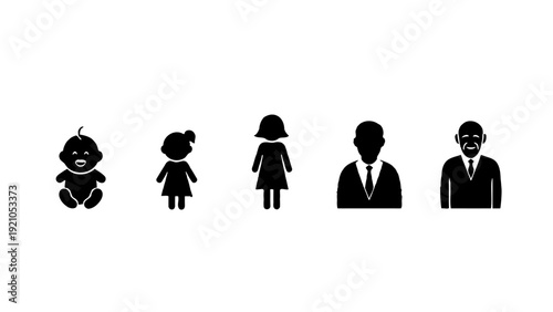 black silhouette icons show human life stages baby child woman man elderly. representing aging generations demographics.