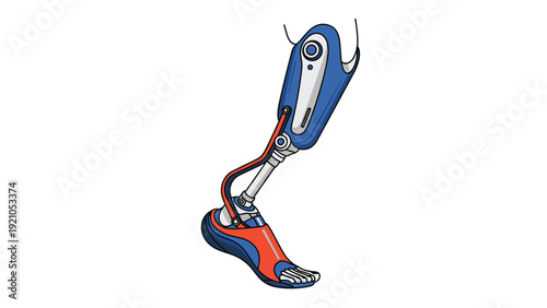 High-tech modern prosthetic leg design for mobility and athletic performance featuring vibrant blue and red details.