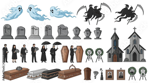 Extensive collection of funeral and grief icons including tombstones, coffins, churches, ghosts, and mourning people.