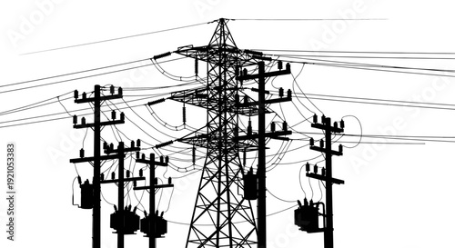 black silhouette of electrical power infrastructure featuring a transmission tower and utility poles with power lines against a white background representing modern energy distribution.