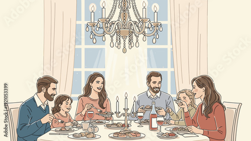 Happy extended family having a formal dinner party with wine and delicious food under a grand crystal chandelier.