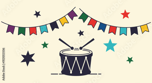 Drum with Mallets and Colorful Bunting Flags.