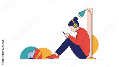 Relaxed young woman sitting on the floor leaning against a wall and listening to music through her headphones.
