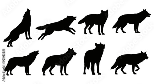 black wolf silhouettes howling running standing and walking isolated perfect for wildlife nature and animal vector art illustration