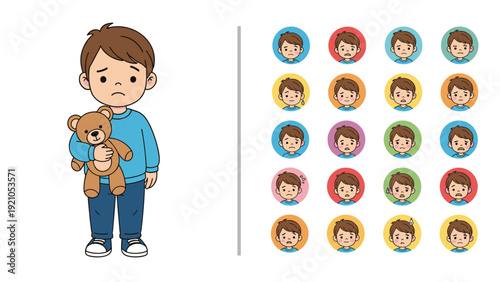 Sad little boy holding a teddy bear next to a collection of diverse emotional facial expressions for psychology study.