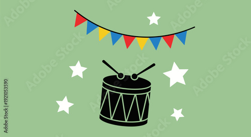 Drum with Mallets and Bunting Decoration.