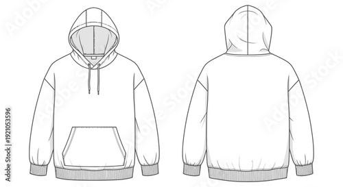 blank oversized white hoodie technical flat sketch front and back views kangaroo pocket drawstrings ribbed details for apparel design.