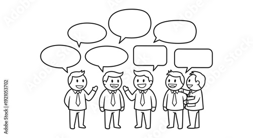 cartoon businessmen communicate and collaborate in a team meeting speech bubbles for business discussion and teamwork strategy.