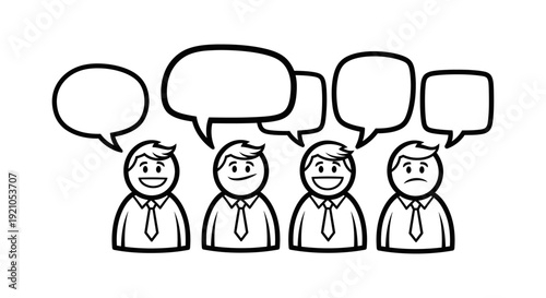 businessmen sharing opinions and emotional feedback in speech bubbles illustrating varied perspectives and corporate discussion.