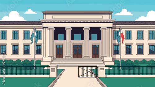 Grand architectural illustration of a classical public building such as a university or court house with columns and flags under a blue sky.
