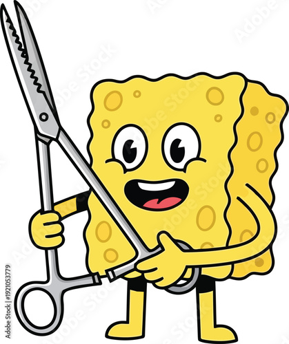 Funny cartoon sponge character holding surgical scissors with a cheerful expression vector