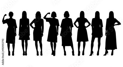 confident diverse women silhouettes standing showcasing female power body positivity and professional style vector graphics on white.