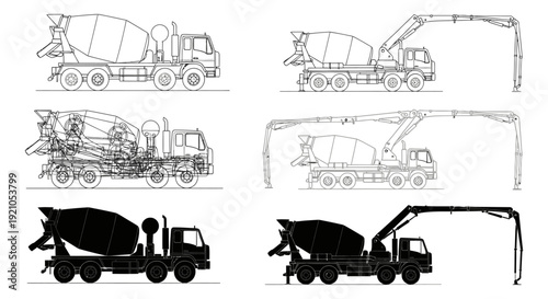 concrete mixer pump truck blueprint wireframe silhouette vector illustrations for heavy construction engineering design.