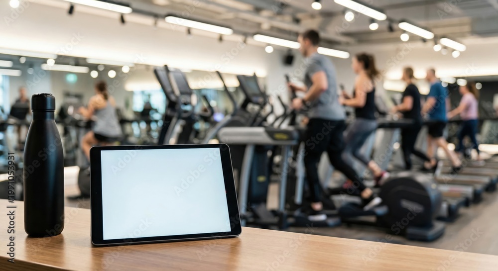 Fototapeta premium Tablet mockup on gym check-in desk with blurred fitness center