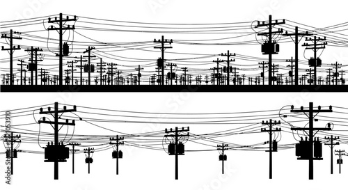 crowded utility poles and tangled power lines in silhouette against white depicting complex electricity infrastructure.