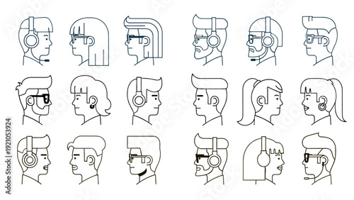 customer service line art profiles diverse individuals with headsets glasses and microphones for modern digital communication.
