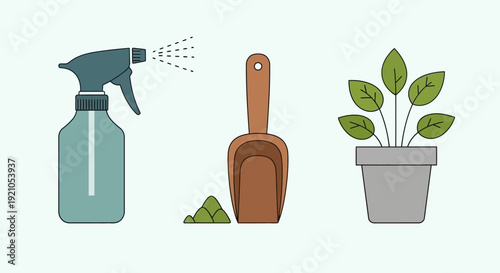 Gardening Tools and Potted Green Plant.