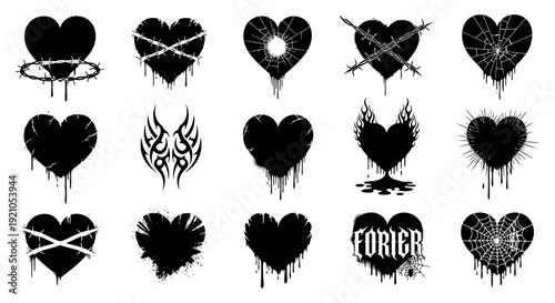 dark gothic heart designs vector set various distressed symbols for alternative fashion t-shirts and tattoo art.