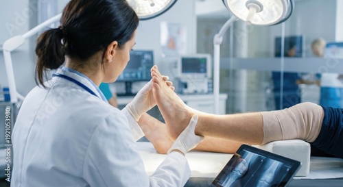 Orthopedic surgeon examining patient ankle in medical clinic