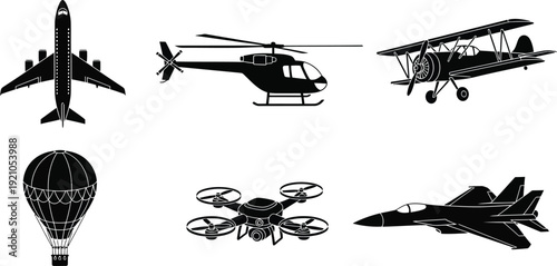 Collection of diverse aircraft icons including airplane helicopter biplane hot air balloon drone and jet fighter for aviation and transport concepts