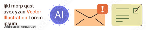 Artificial intelligence, email alerts, task management, digital workflows, data processing, organizational tools. Visual includes AI symbol, email icon with alert and checklist. AI integration
