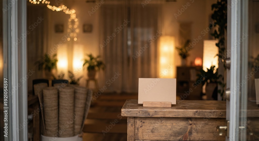 Fototapeta premium Blank mockup card on front desk of cozy yoga studio