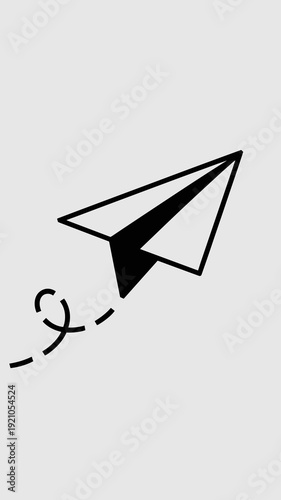 Minimalist Icon Black Paper Airplane Flying with Dashed Trail and Curly Swirl, Symbolizing Communication, Travel, Ideas, and Sending Messages in Digital and Creative Projects, Clean White Background,