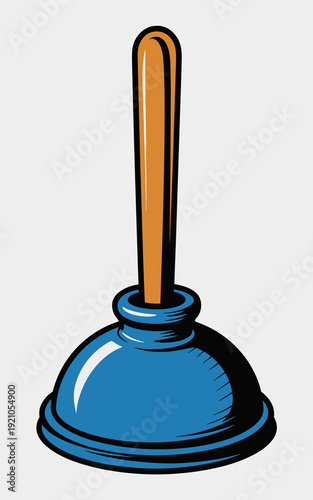 Comic Style Plunger Icon, Blue Rubber Cup and Orange Wooden Handle, Isolated on White Background, Plumbing Tool for Clogged Drains, Bathroom and Kitchen Maintenance, Housekeeping Symbol for Cleaning S