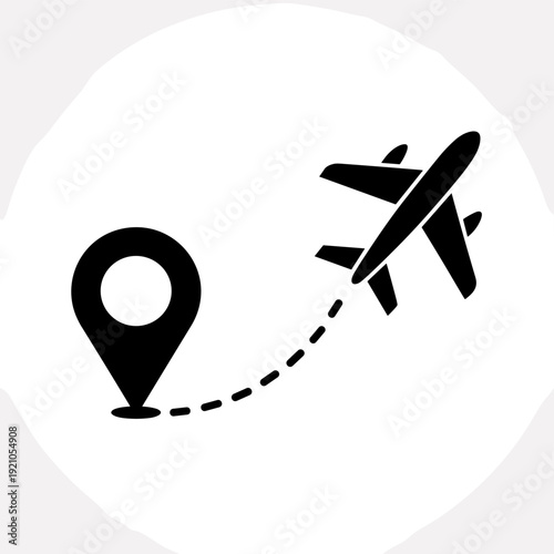 Black silhouette of an airplane flying along a dashed dotted line trajectory path on a bright white background, originating from a prominent map location pin marker icon, symbolizing travel plans, jou
