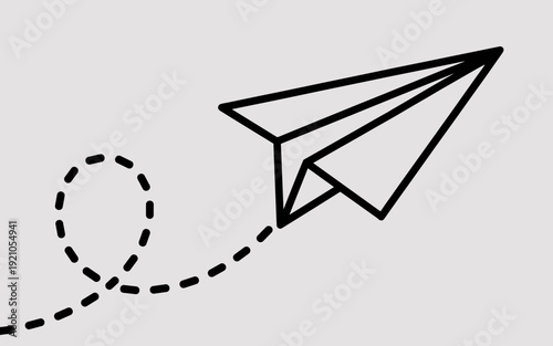 Minimalist black and white outline of a paper airplane flying on a dashed line journey, symbolizing communication, travel, freedom, and innovation, perfect for business concepts, digital marketing, ed