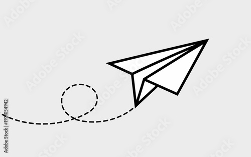 White paper airplane icon soaring through a light gray background with a dashed line tracing a playful looping flight path, symbolizing communication, travel, aspiration, and ideas taking flight. This