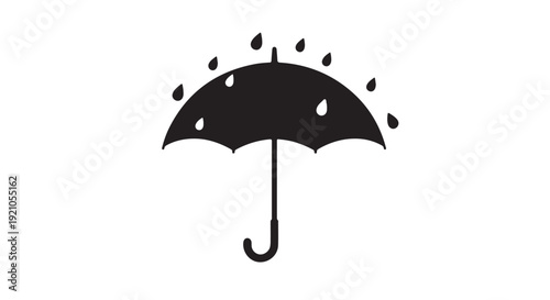 Black Umbrella Silhouette in Rainy Weather with Water Droplets in Simple Flat Design for Weather Icon