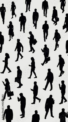 Diverse Silhouette Crowd Walking Seamlessly Pattern: Business Professionals and Individuals Commuting in City Life, Representing Connection, Movement, Urban Existence, Teamwork and Modern Work Pace, B