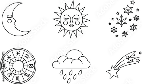 Collection of celestial and weather icons including moon sun stars zodiac wheel and rain cloud perfect for astrology and meteorology themes