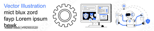 Cybersecurity, data protection, online privacy, information systems, secure network, technology innovation. Visuals include a gear, monitor with shield icons, and interconnected network