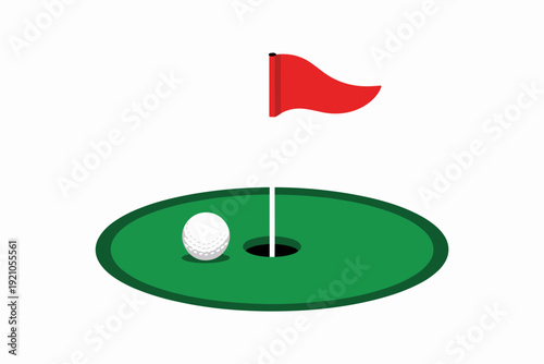 Golf ball poised on green putting surface next to hole with red flag on pole, idyllic golf course scene, representing precision and success in sports competition, leisure activity for recreation and f