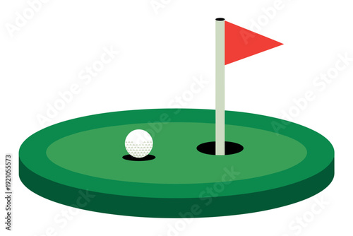 Golf Ball Near Hole on Green with Red Flag and Pole Symbolizing Precision Aim and Winning Strategy, Illustrating Outdoor Sport and Competitive Tournament Gameplay on Textured Course for Leisure and Re