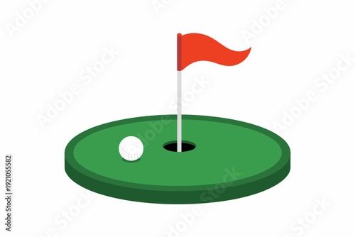 Golf ball on green putting course near hole with red flag on white pole, vibrant sport illustration for leisure game, competitive play, outdoor recreation fun, challenging activity, precision game, li