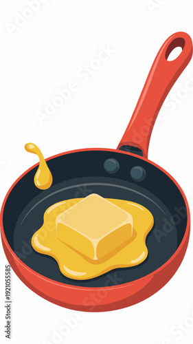 Close-up of a square butter pat melting in a bright red frying pan on a stovetop, sizzling and bubbling with golden liquid, creating a delicious rich yellow pool, isolated on white background with a s