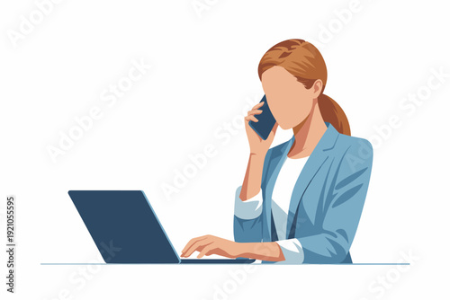 Professional modern businesswoman multitasking on smartphone and typing on laptop at office desk, working remotely or in corporate environment, remote work, successful career woman, contemporary busin