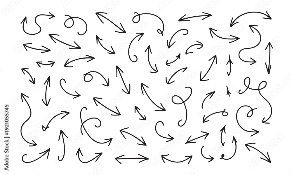 Naklejka premium Hand drawn arrows in different directions on white background for design and navigation purposes