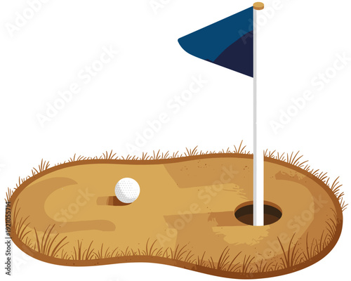 Golf Ball on Sand Trap Near Hole with Blue Flag on Pole on Green Grass Field, Outdoor Sport Recreation Activity, Precision Putting Shot, Competitive Game Strategy, Healthy Lifestyle Hobby Concept, Sum