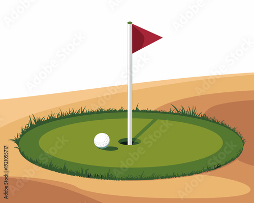 Golf Ball On Green Grass Beside Hole and Red Flag on Pole, Close-up Putt Opportunity on Sunny Golf Course Fairway, Sporting Challenge and Leisure Activity, Precision Aim and Success Goal Concept, Flat
