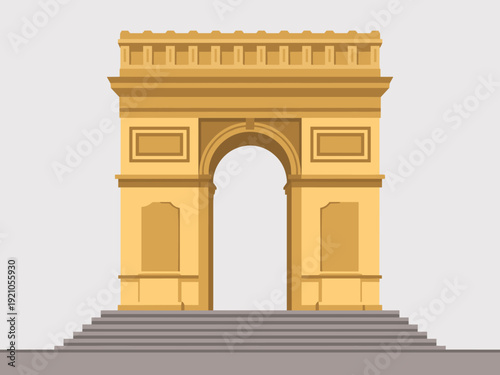Golden Triumphal Arch Landmark Iconic Parisian Monument Standing Tall with Steps Leading Upward, Symbol of Victory and Grandeur, Classic European Architecture in Flat Design Style, Ideal for Travel Ad