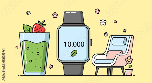 Smartwatch with fitness tracker and healthy drink.