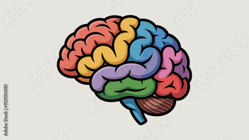 Vibrant, Stylized Human Brain Illustration symbolizing Neuroscience, Psychology, and Cognitive Functionality. Colorful lobes represent brain areas for learning and memory, aiding medical education, re