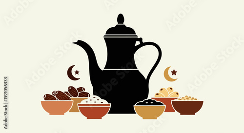 Teapot and Bowls with Food Illustration.