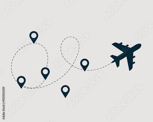 Dark blue silhouette of an airplane completing a flight path connecting multiple location pins across a light grey background, illustrating travel planning, logistics, and global navigation for busine