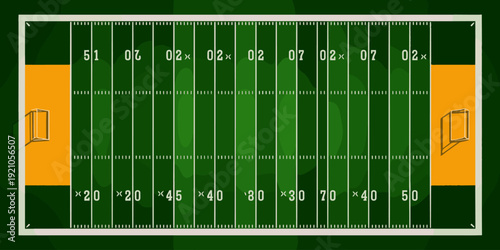Overhead View of a Green American Football Field with Yard Lines and End Zones, Ready for Competition and Training, Evoking Strategy, Athletics, and Game Day Excitement - Perfect for Sports Media, Coa