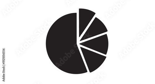 Pie Chart with Segments in Monochrome Black and White Color on Plain White Background for Data Visualization
